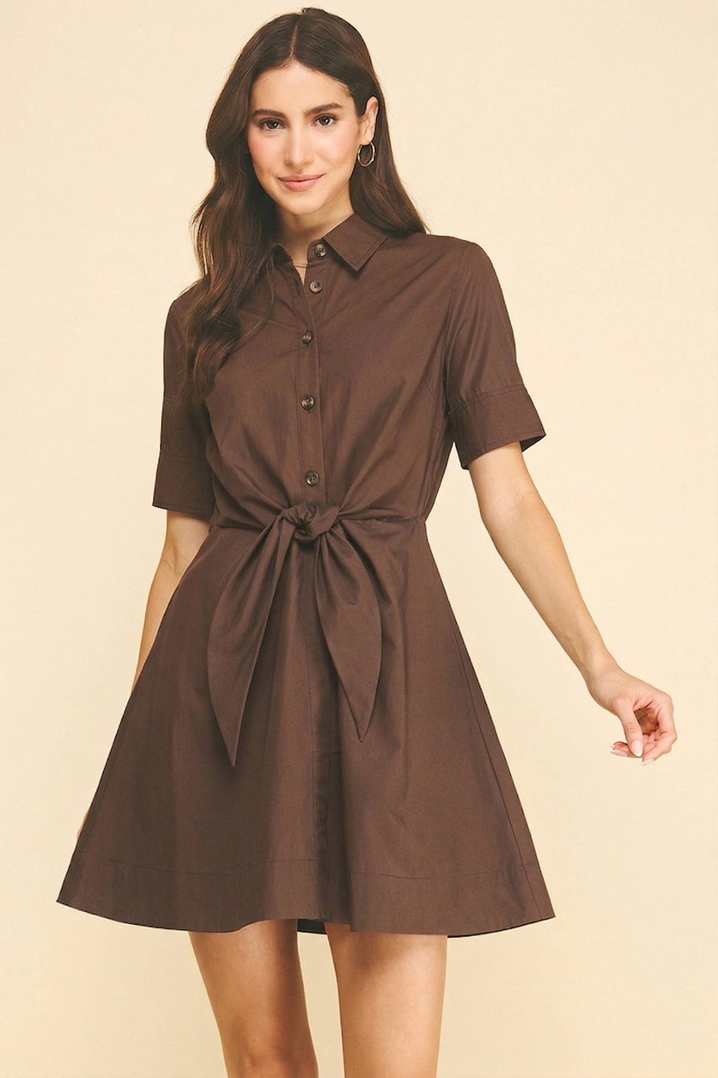 TIE-FRONT BUTTOND DOWN MINI DRESS - 7200D: Black / L