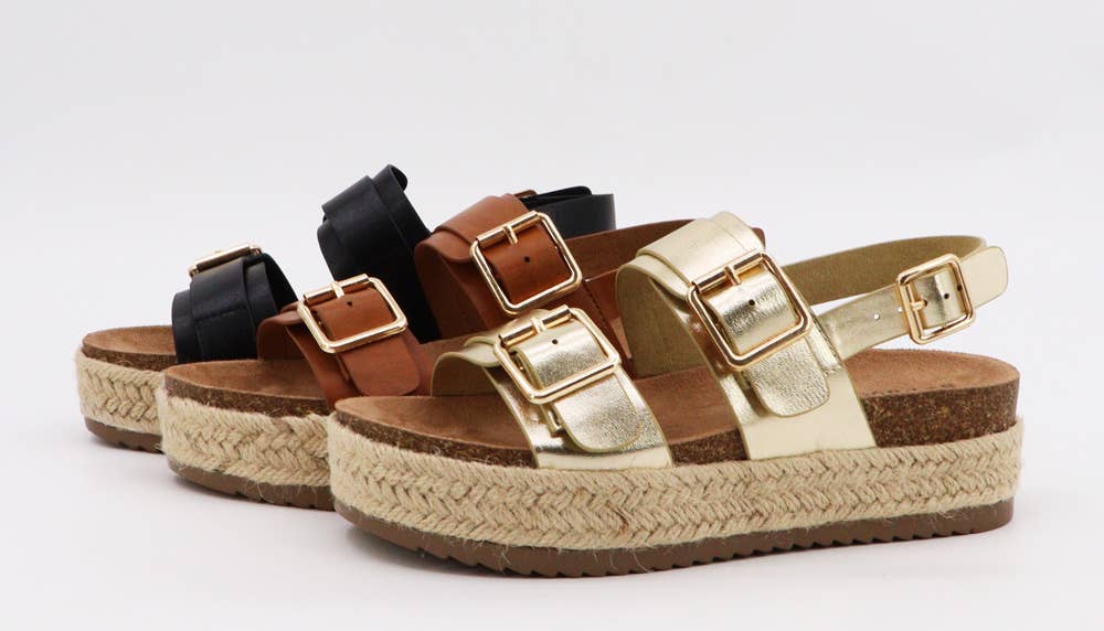 Bamboo BRAKE-07 Espadrille Cork Sole Double Buckle Sandals: GOLD METALLIC PU / 12BF-6(1)-7(2)-8(4)-9(3)-10(2)