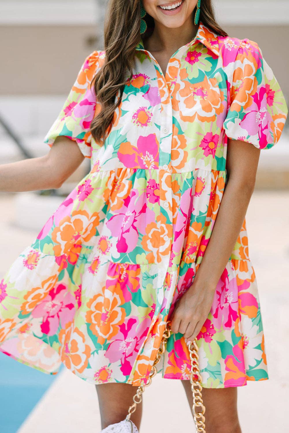 Floral Puff Sleeve Collar Buttoned Babydoll Dress: Green / 100%Polyester / M
