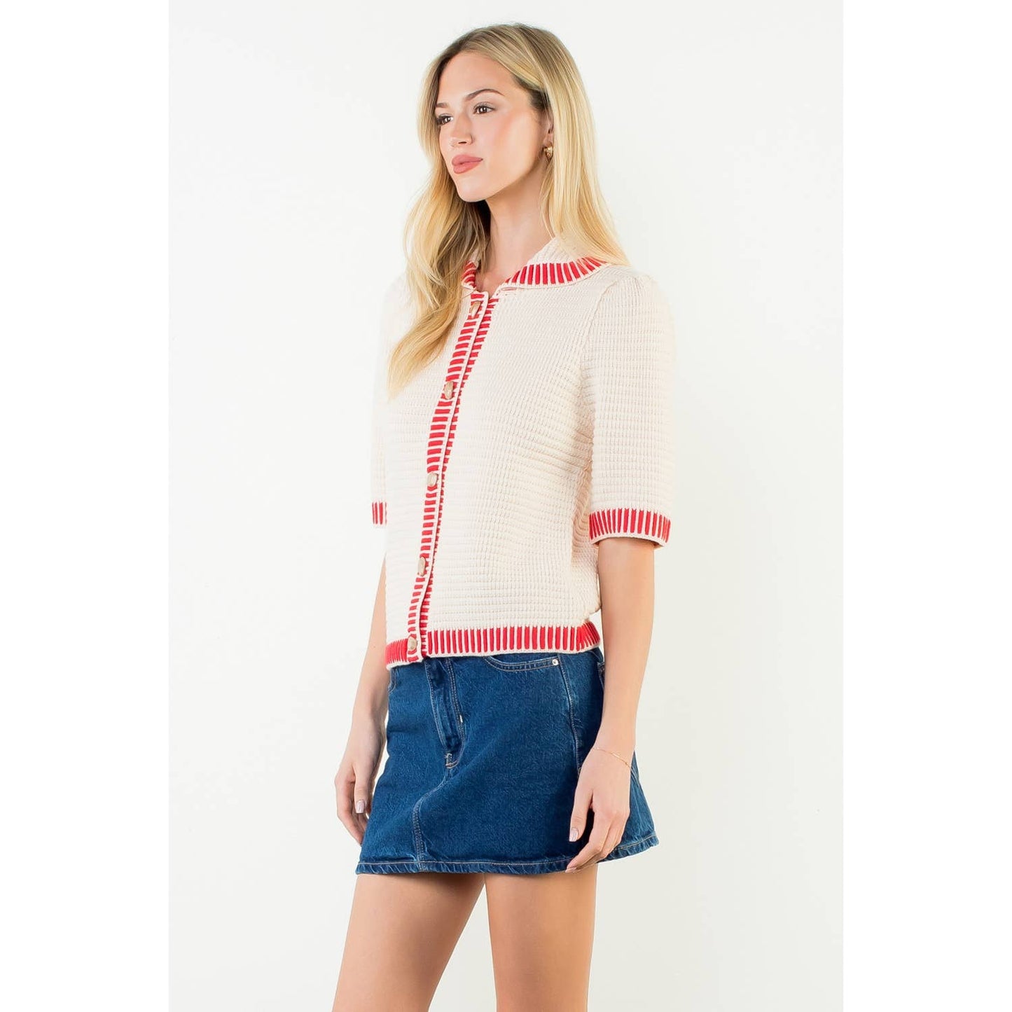 Short Sleeve Button Front Knit Top: CREAM / XS-S-M-L(1-2-2-1)