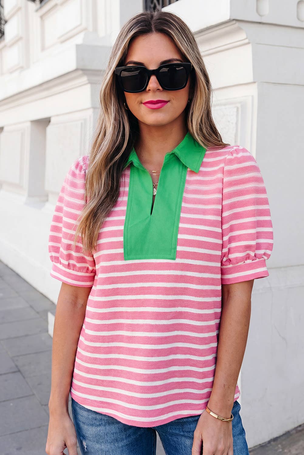 Stripe Short Puff Sleeve Collared Blouse | S-XL: Blue / M