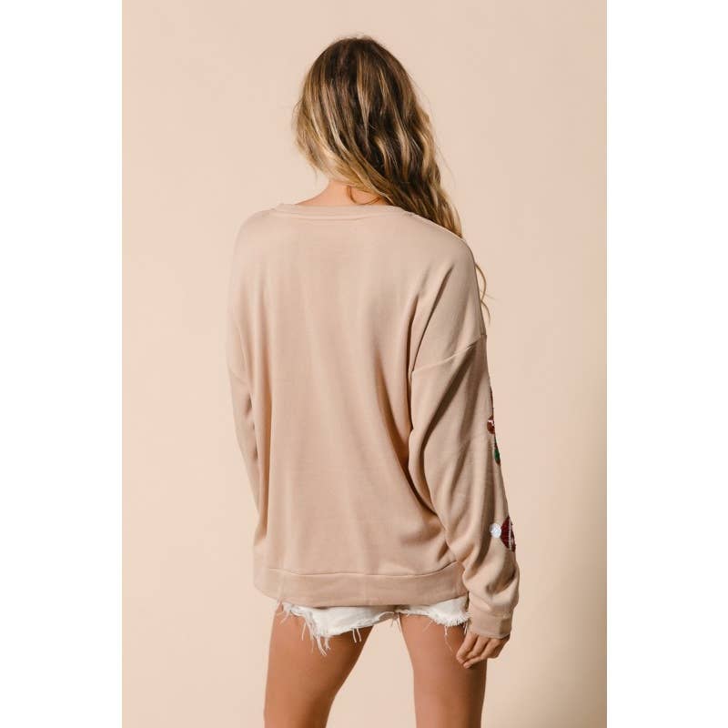 Sequin Gingerbread Man Christmas Pullover: OATMEAL / S-M-L-XL(2-2-2-2)