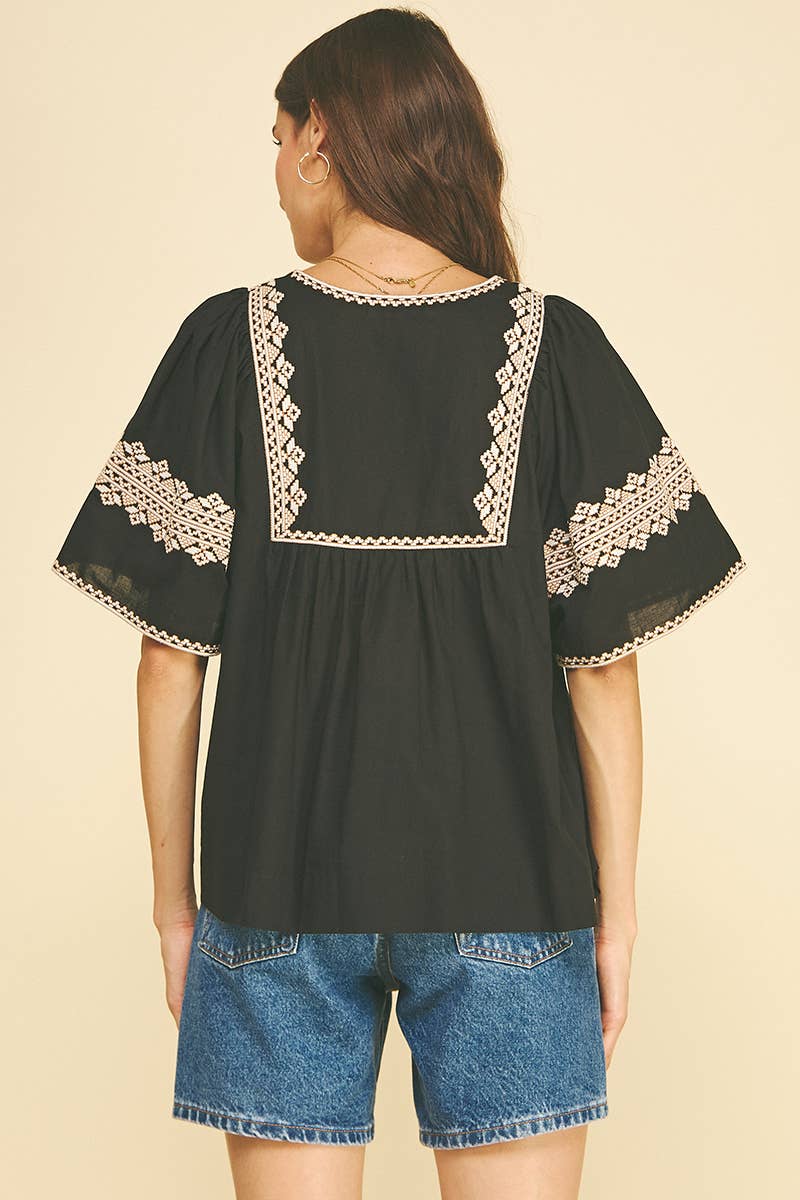 BOHO EMBROIDRED PUFF SLEEVE BLOUSE - 7132T: Blue / L