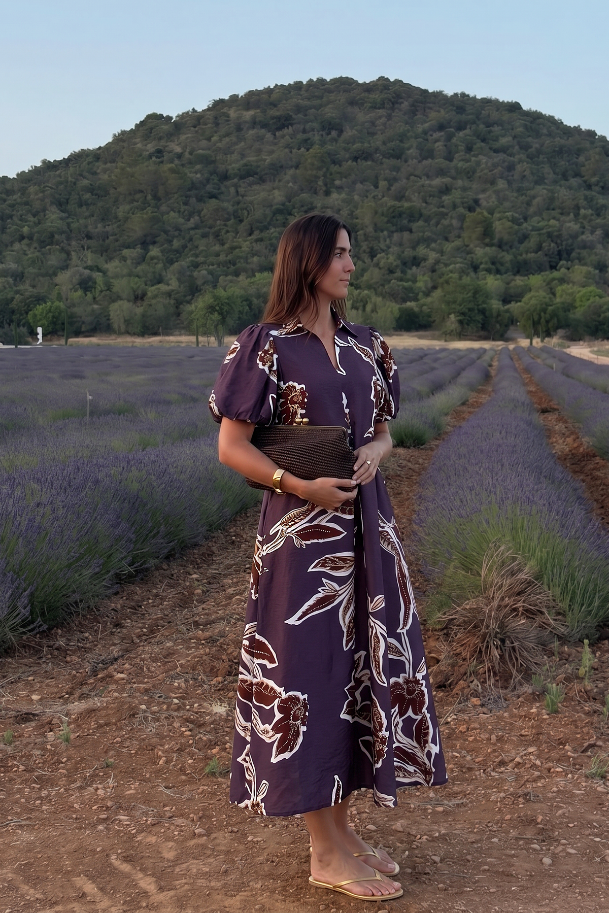 Fall/Winter Print Puff Sleeve Midi Dress : Rust / S