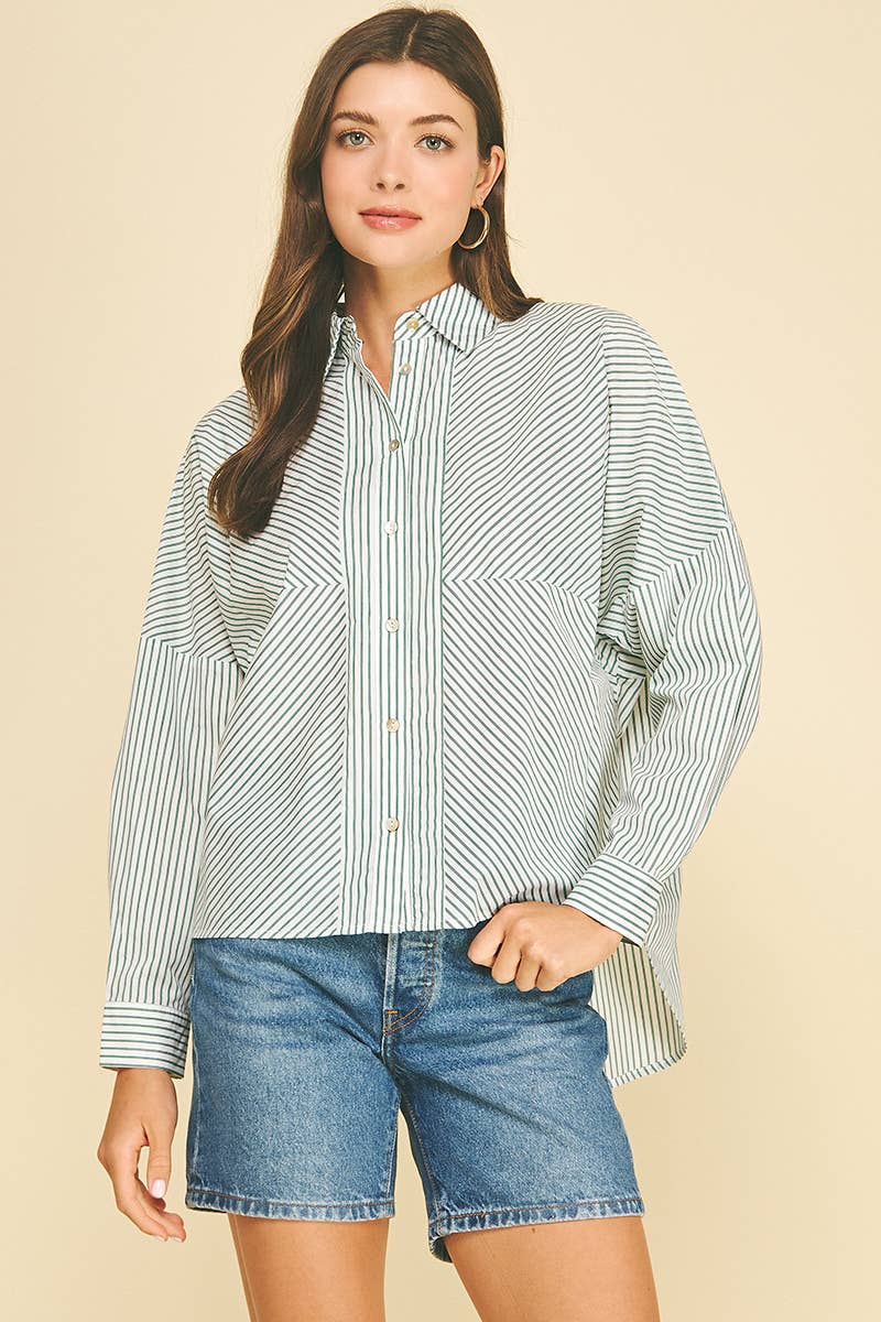 STRIPED BUTTON DOWN SHIRT WITH BLOCKING DETAIL - 6697T: Green / M