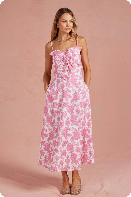 Botanical Garden Bow Flower Sleeveless Midi Dress: Pink/white / S