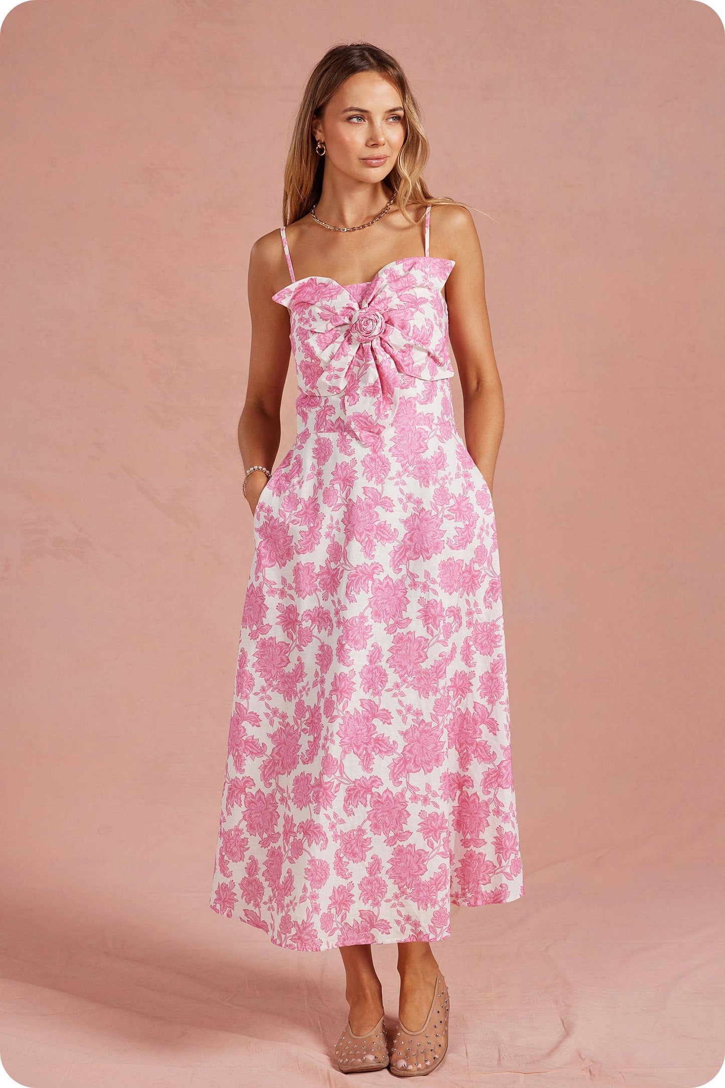 Botanical Garden Bow Flower Sleeveless Midi Dress: Pink/white / L