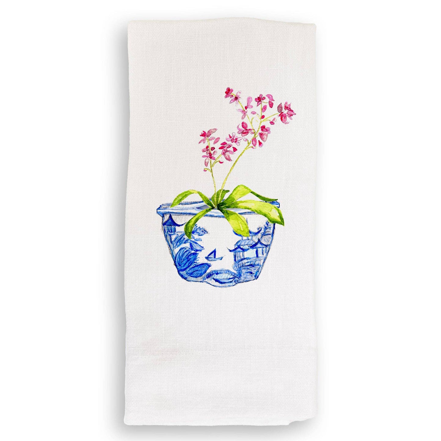 Blue & White Bowl with Pink Orchid: Dishtowel / -