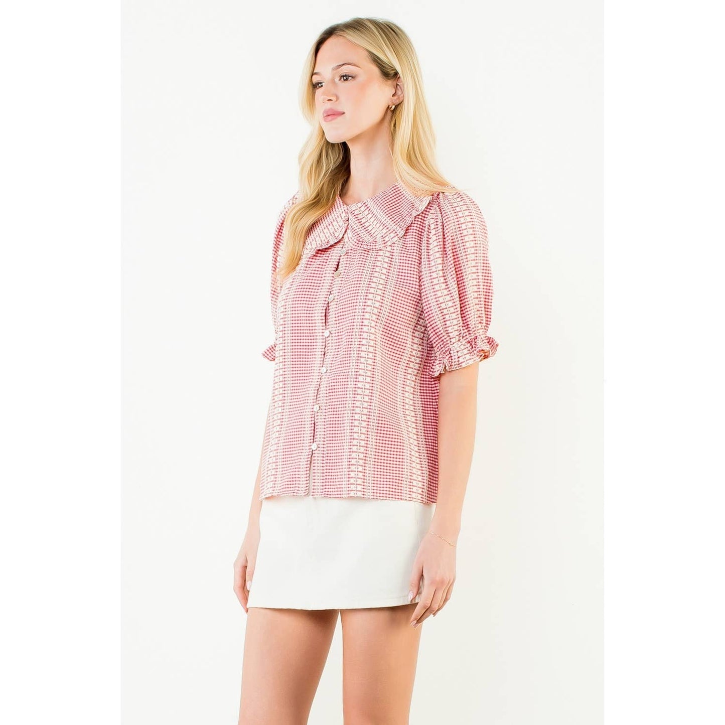 Puff Sleeve Gingham Patterned Top: RED / XS-S-M-L(1-2-2-1)