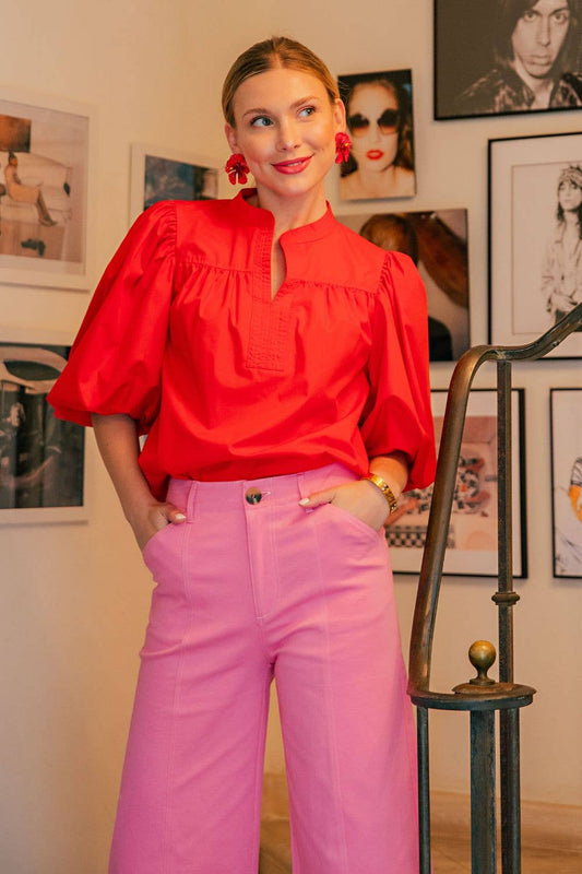 China Collar V-Neck Bubble Sleeve Poplin Top: Red / L