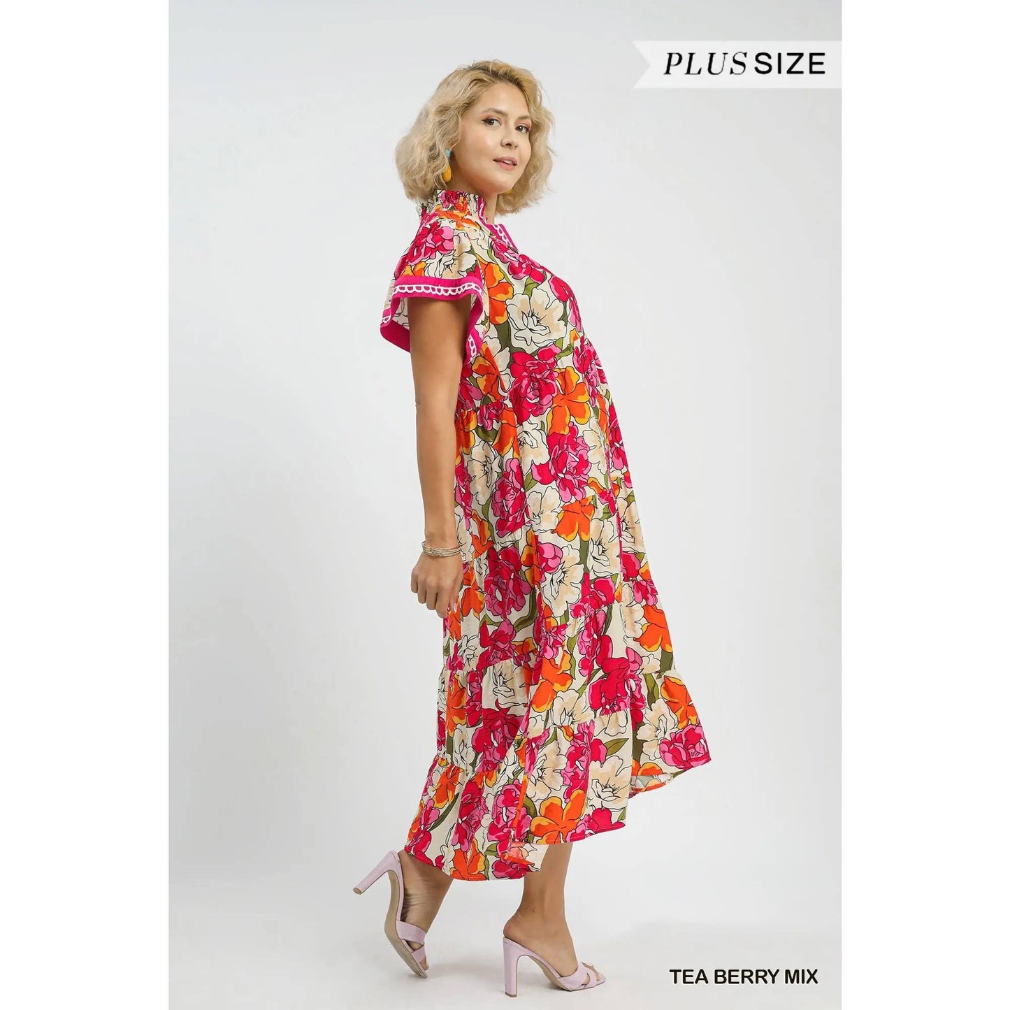 PLUS Mix Bold Floral Tiered Midi Dress: TEA BERRY MIX / XL