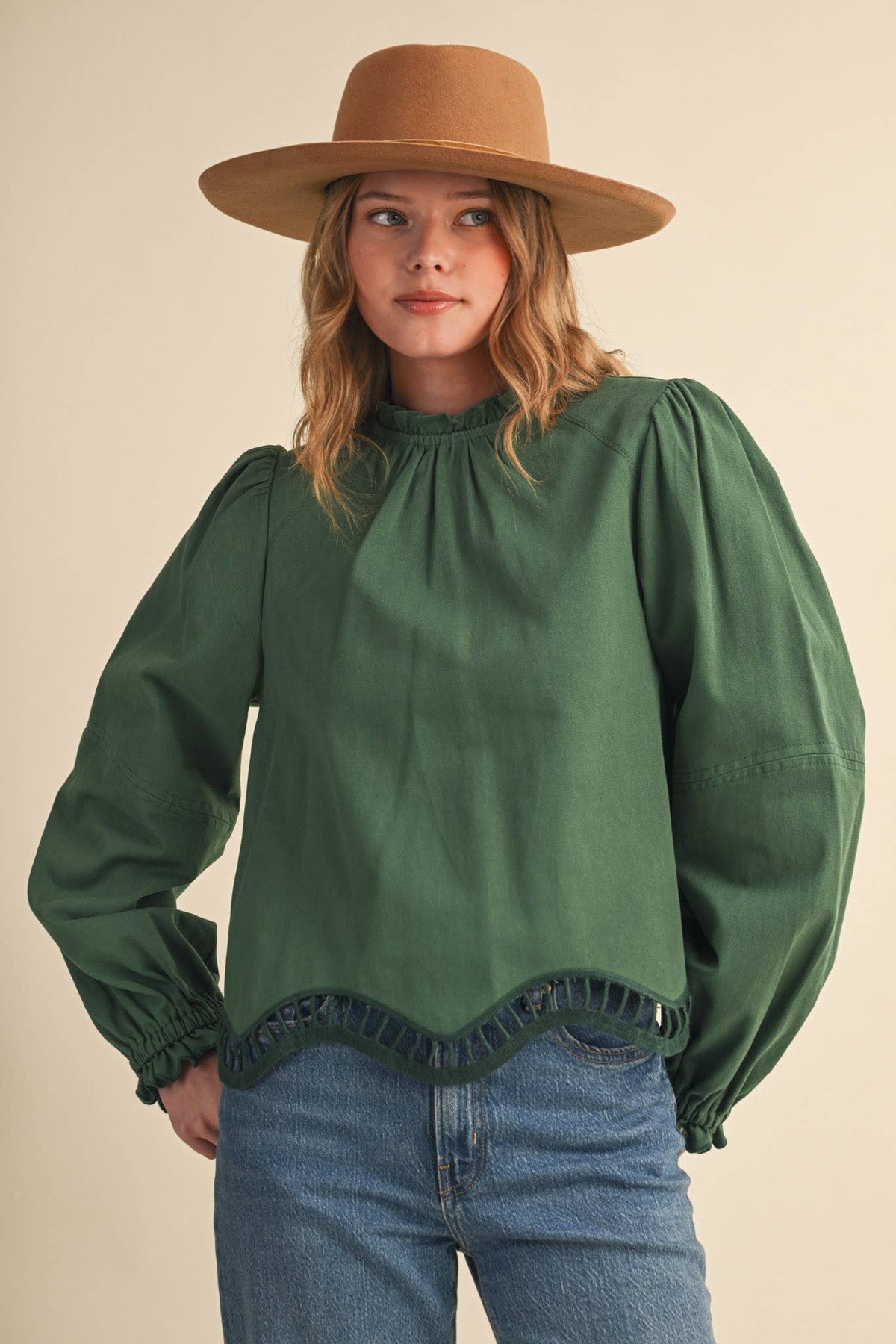 EMBROIDERED CUT-OUT HEM LONG SLEEVE TOP MTP5195: SAGE GARDEN / S