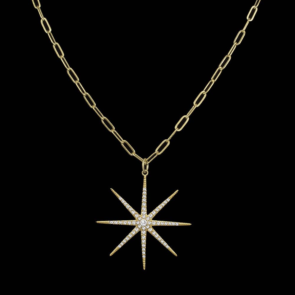 Black pave starburst necklace with paperclip chain: Gold
