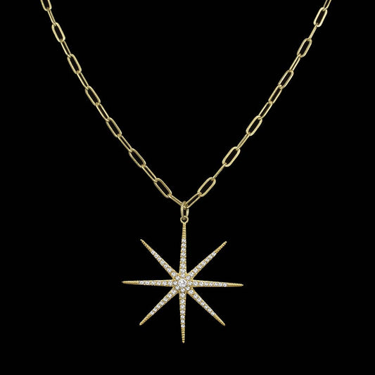 Black pave starburst necklace with paperclip chain: Gold