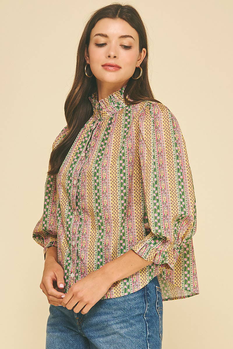 FLORAL BOTANICAL PRINT BUTTON DOWN BLOUSE - 7450T: GREEN MULTI / M