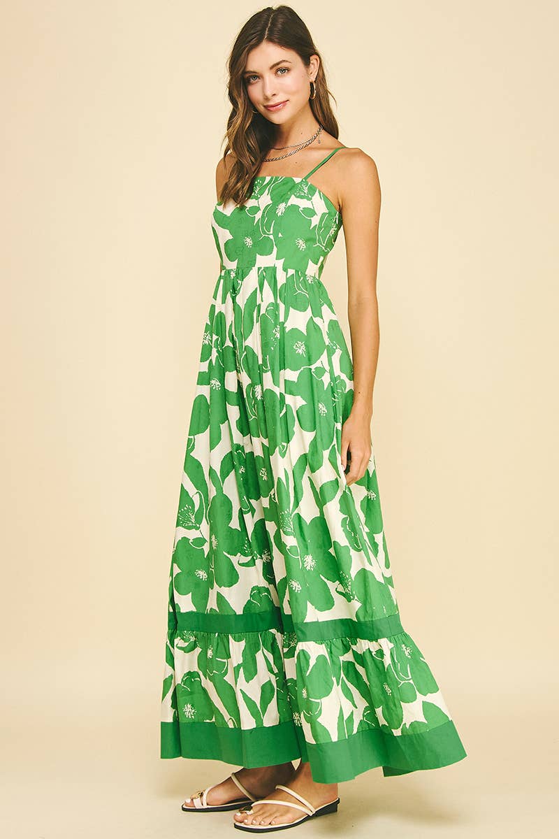 FLORAL TIERED MAXI DRESS - 6658D: GREEN FLORAL / S