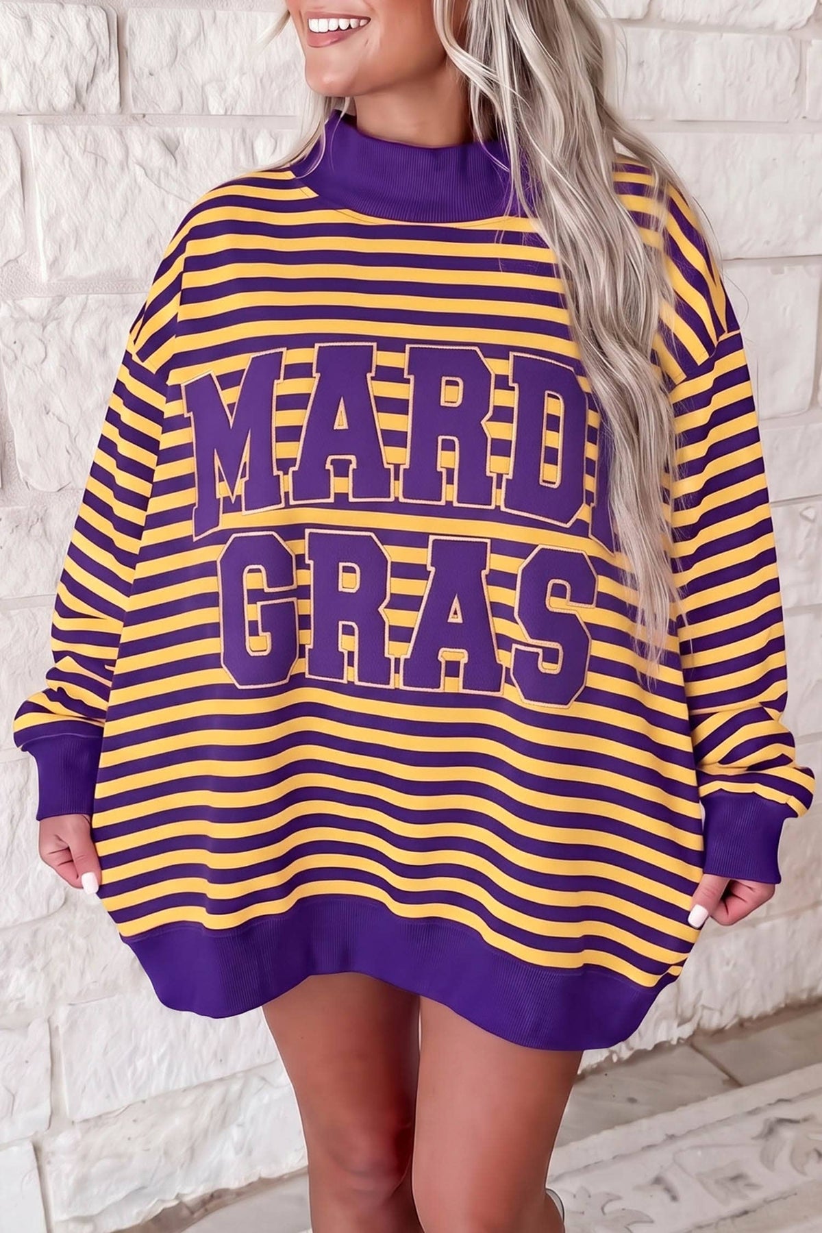 Christmas Slogan Applique Mock Neck Oversize Sweatshirt S–4X: Red Stripe / L