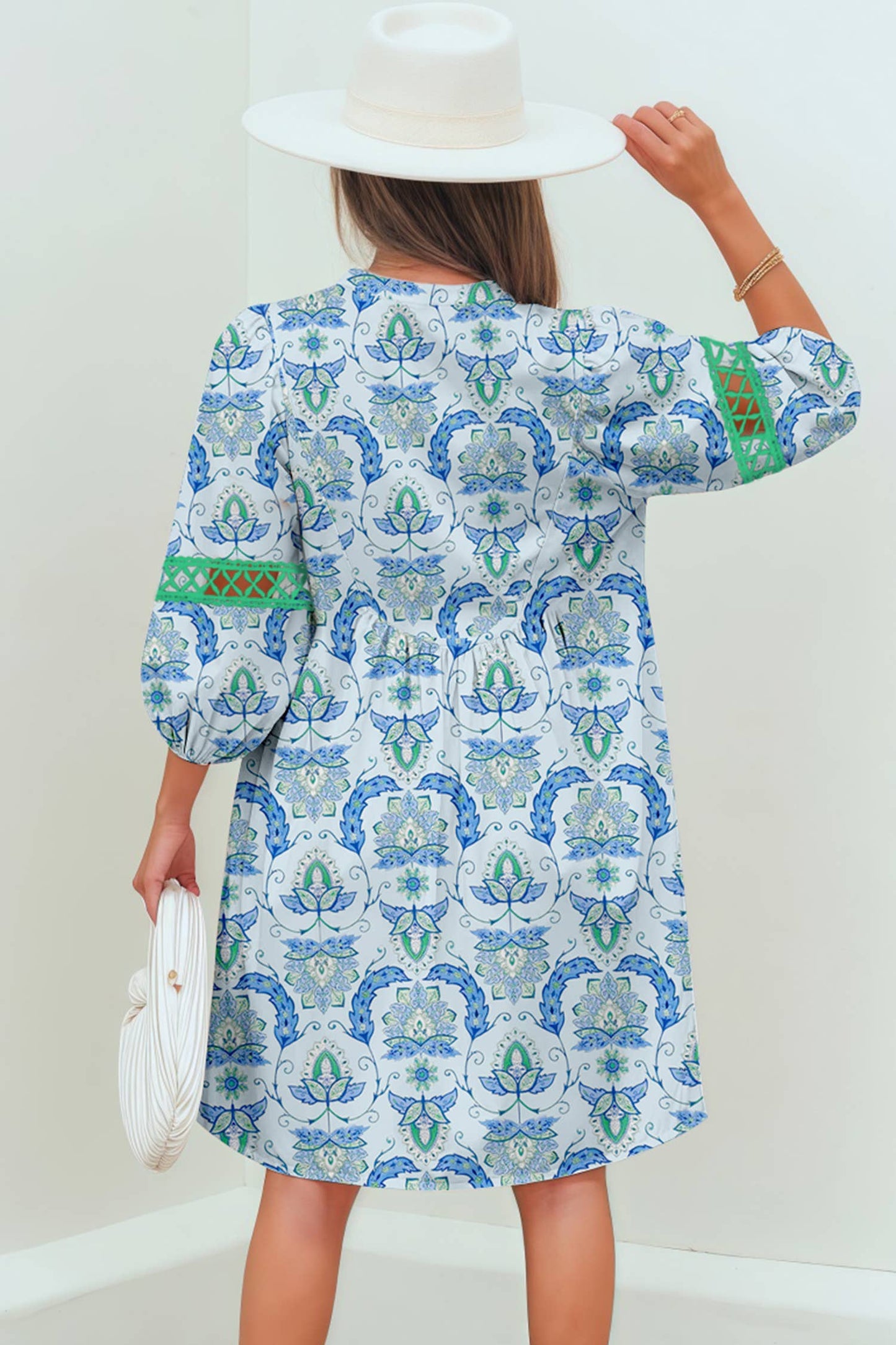 Boho Paisley Patchwork Detail 3/4 Sleeve Mini Dress | S-XL: Sky Blue / L