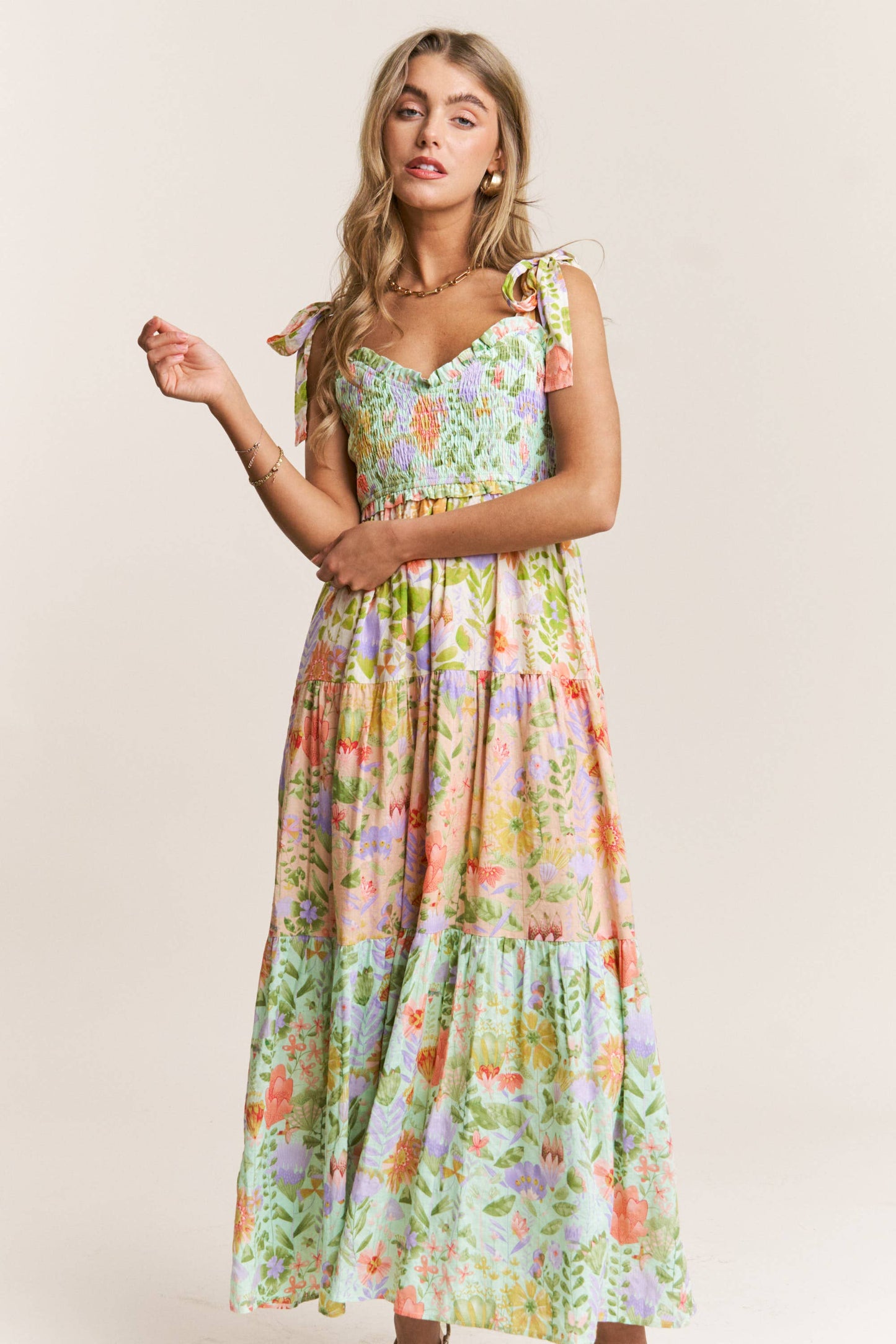 Smocked V-neck Tiered Multi Print Dress: Garden Dream / M