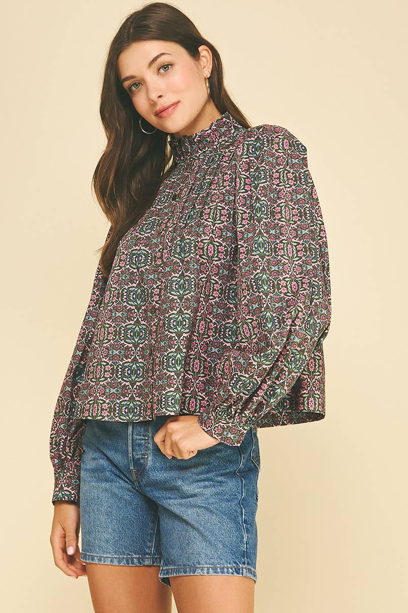 GEOMETRIC FLORAL RUFFLED MOCK NECK BLOUSE - 7594T: NAVY PINK / M