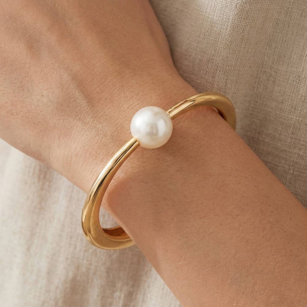 Pearl Bead Thin Metal Hinged Bangle Bracelet: G