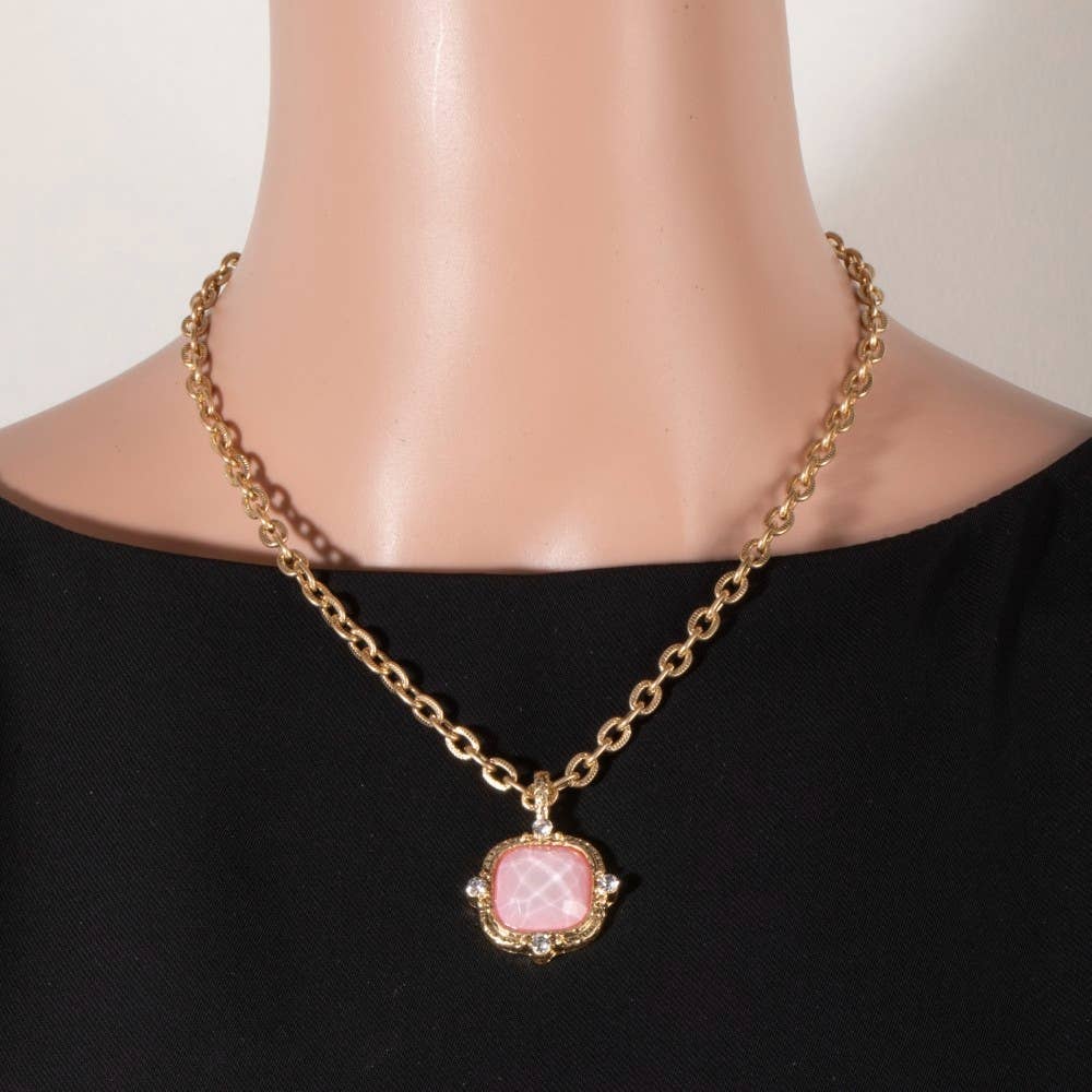 Square Faceted Stone Pendant Chain Necklace Set: PL