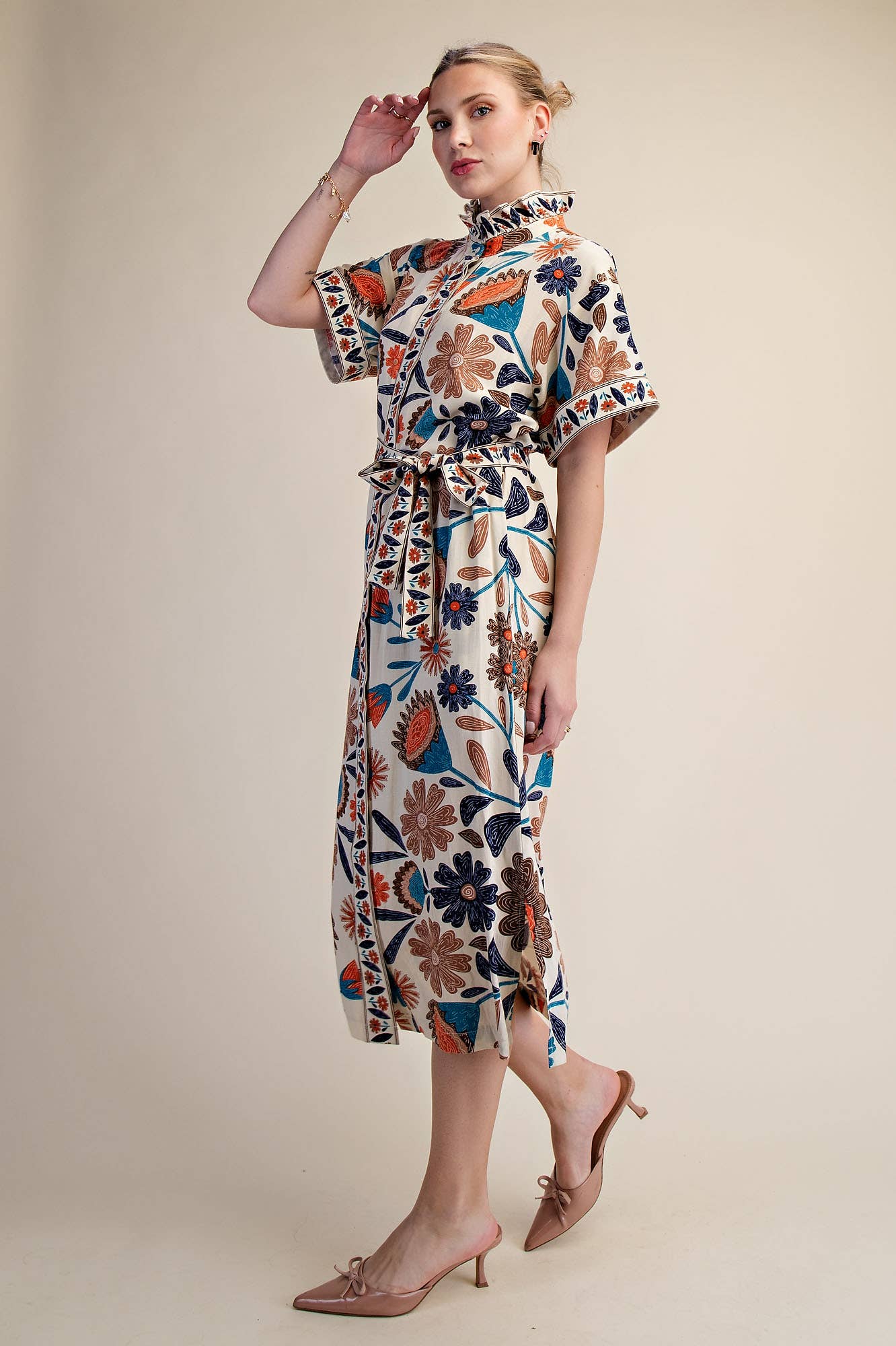 Waist Tie Belt Collar Neck Button-Up Shirts Floral Midi Dres: Coral / M