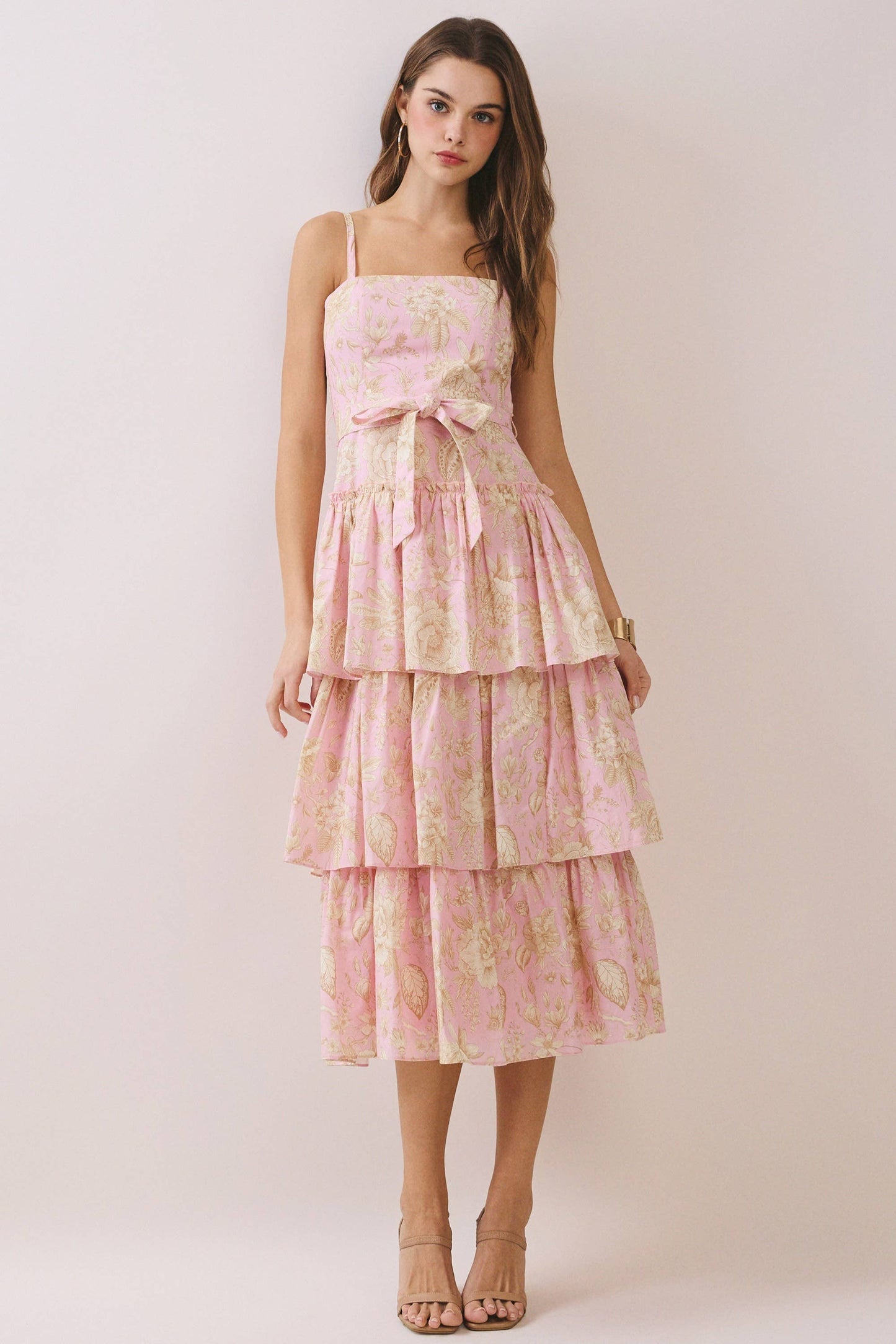 CD06782-Floral Print Square Neck Tiered Ruffle Midi Dress: Pink / S