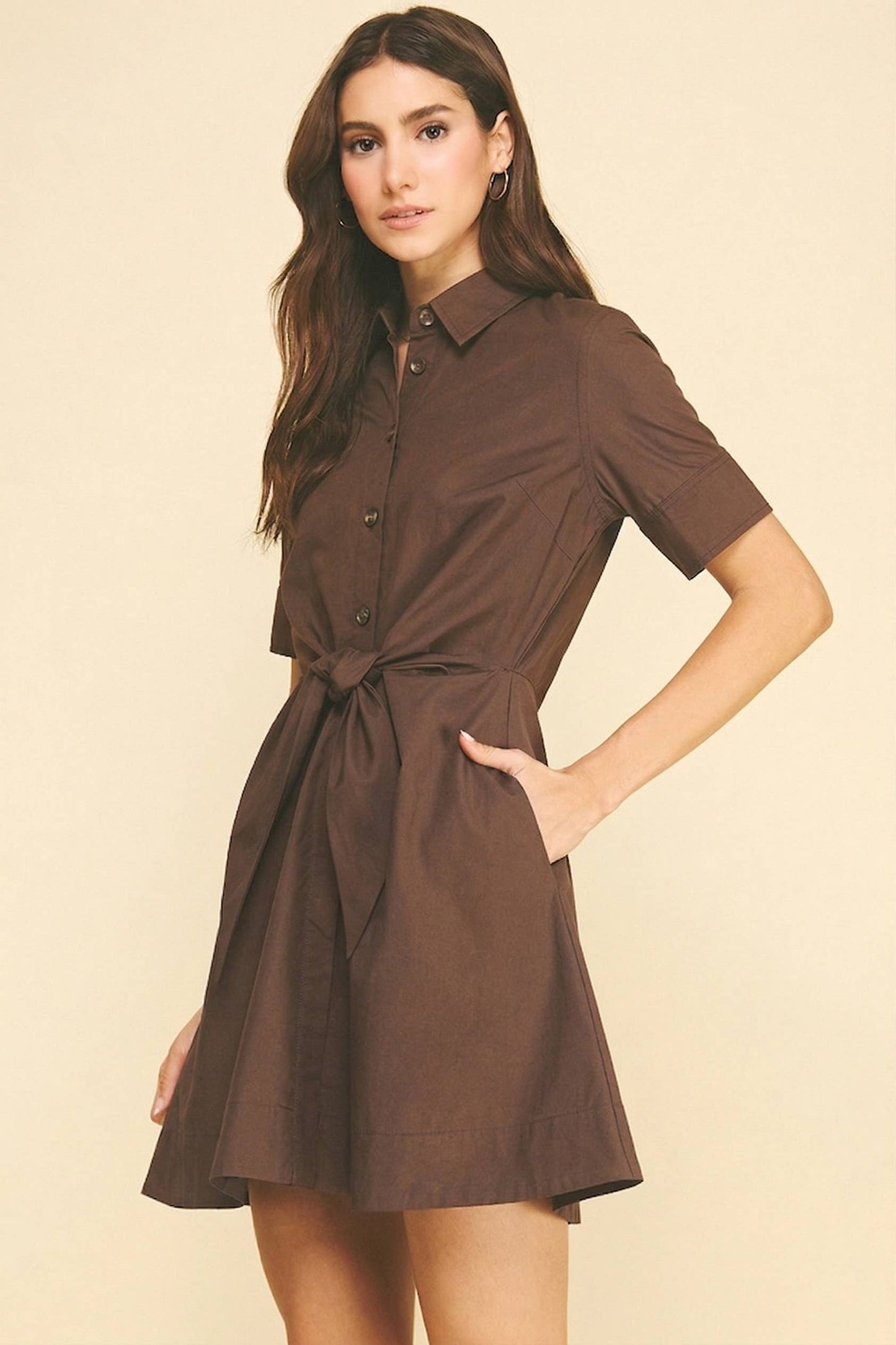 TIE-FRONT BUTTOND DOWN MINI DRESS - 7200D: Black / L