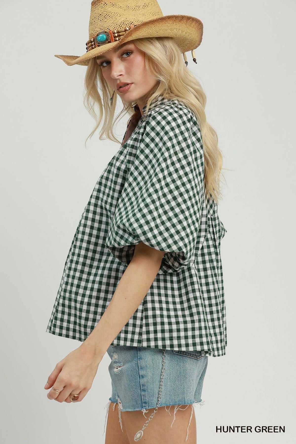 Gingham Smocked Yoke Puff Sleeve Blouse: BLACK / 2-2-2(S-M-L)