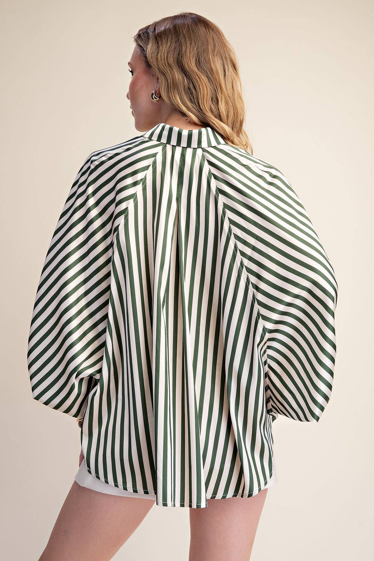 Stripe Wide Puff Sleeve Buttondown Shirt: Olive / L