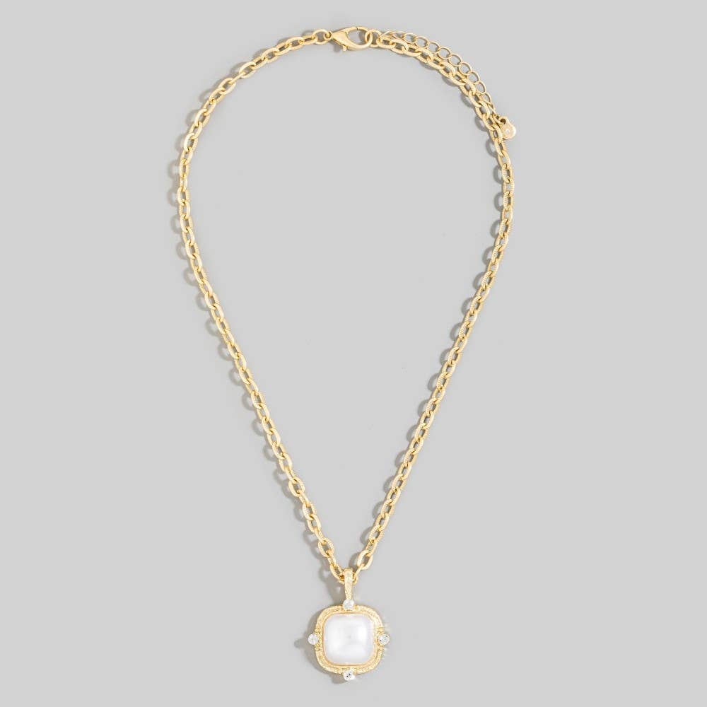 Square Faceted Stone Pendant Chain Necklace Set: PL