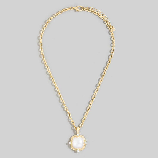 Square Faceted Stone Pendant Chain Necklace Set: PL