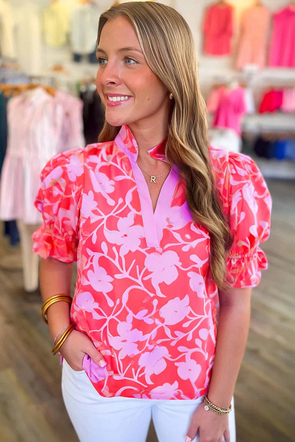 Red Floral Split V Neck Ruffled Short Sleeve Blouse Top: Red / 100%Polyester / S