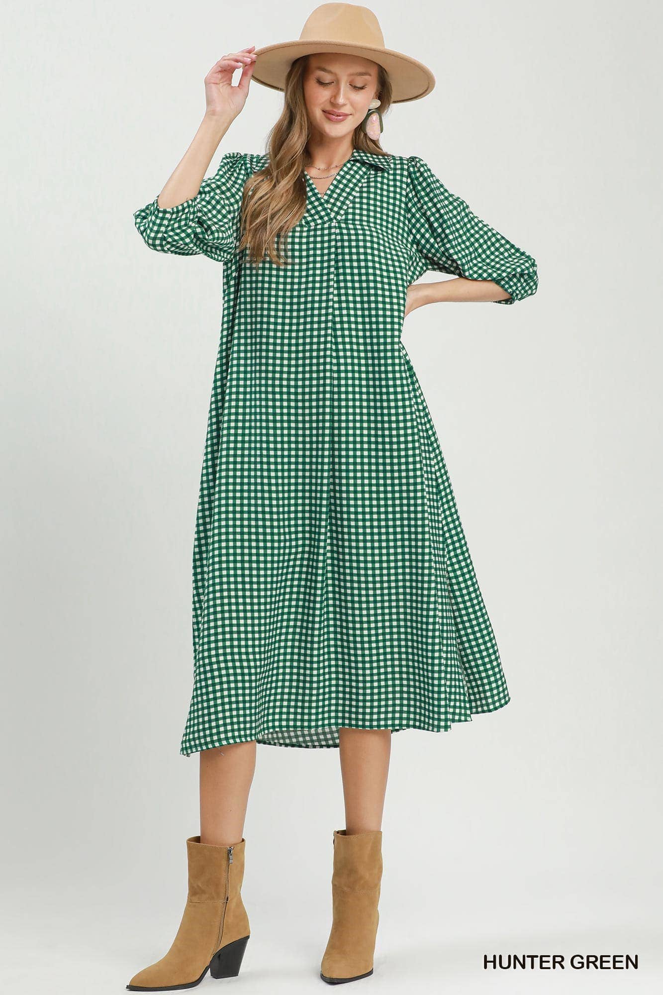 Gingham Check Collared Midi Dress: RED / 2-2-2(S-M-L)