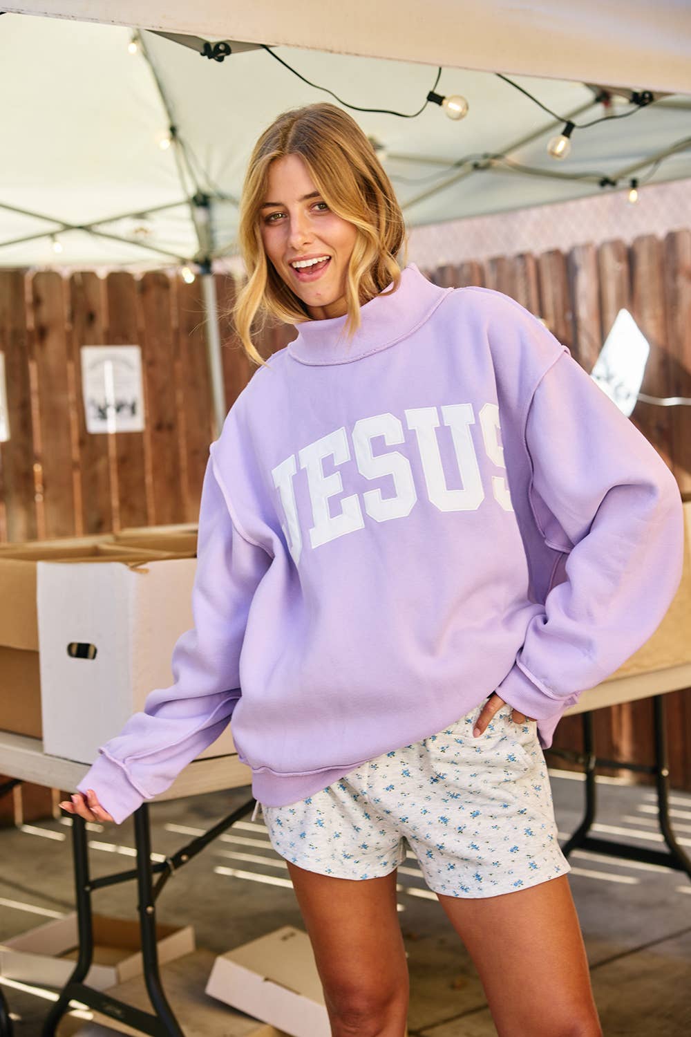 IT2594E-JESUS  'JESUS' Embroidered Mock Neck Sweatshirt : LAVENDER / S/M-L/XL (3-3)