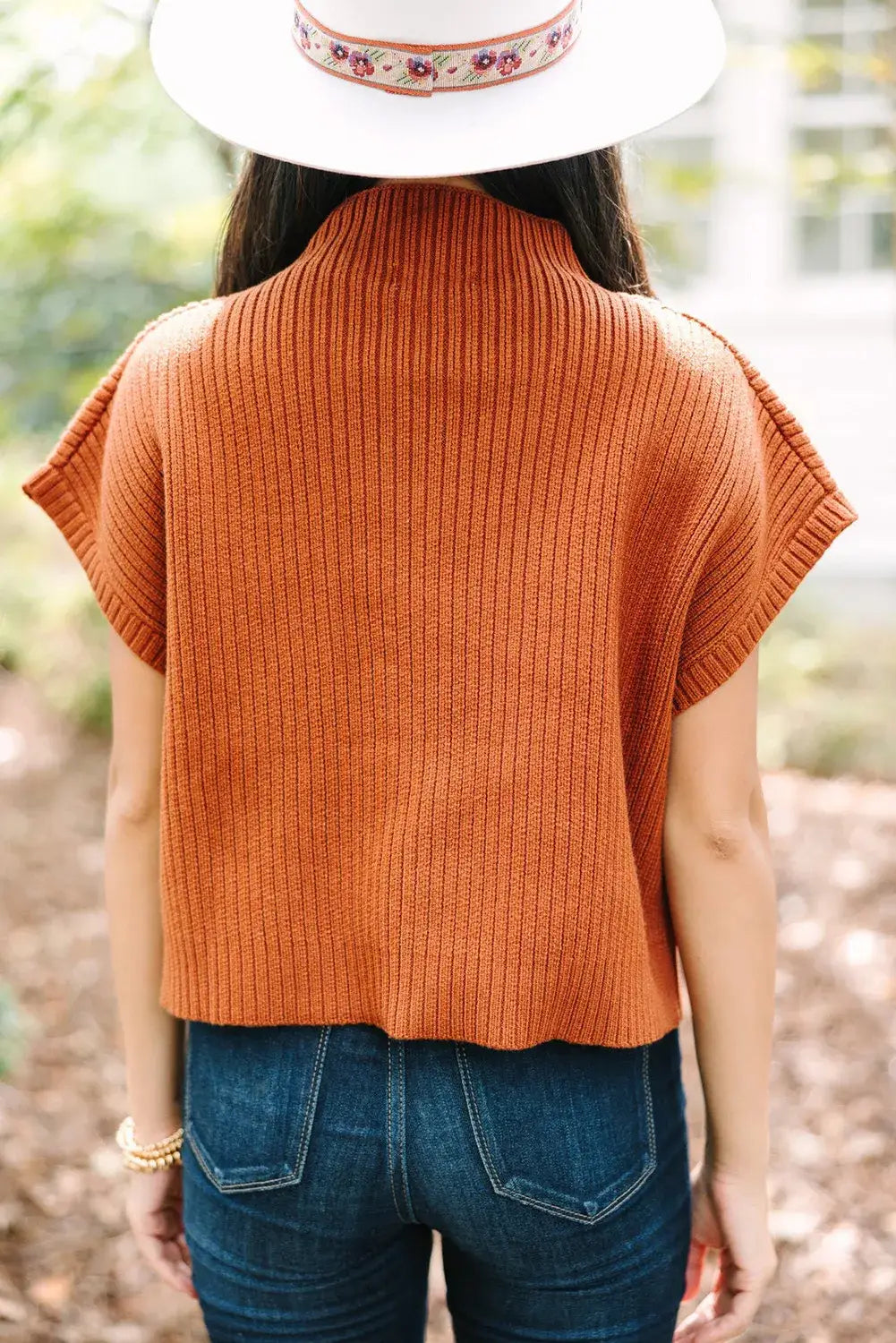 Oatmeal Patch Pocket Ribbed Knit Short Sleeve Sweater: Oatmeal / 50%Viscose+28%Polyester+22%Polyamide / L