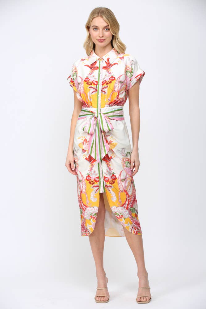 BOTANIC SCARF PRINT SELF TIE WAIST BUTTON DOWN DRESS FD34137: CREAM MULTI / M