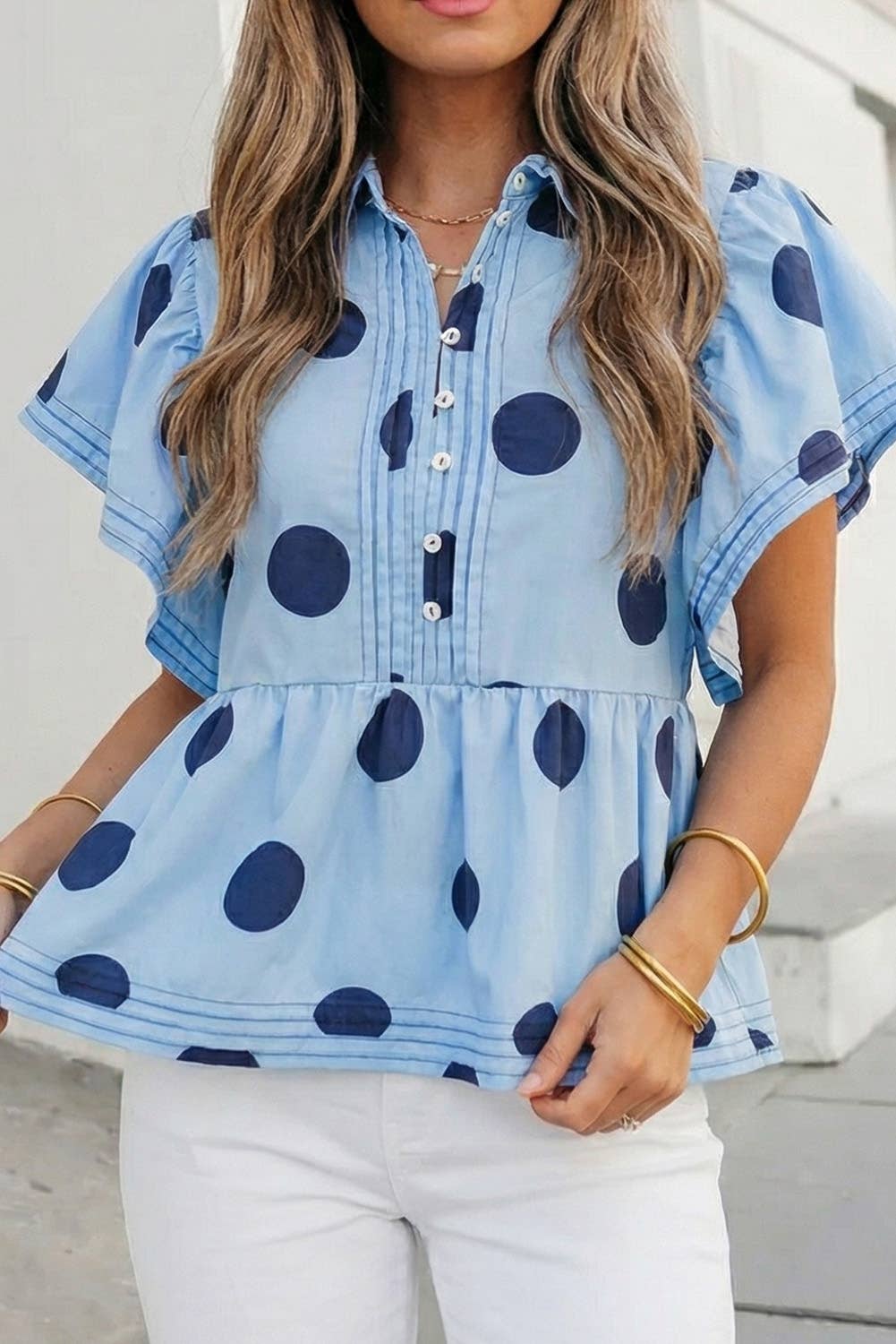 Polka Dot Print Ruffled Buttoned Summer Blouse | S-XL: As shown / Missy / M