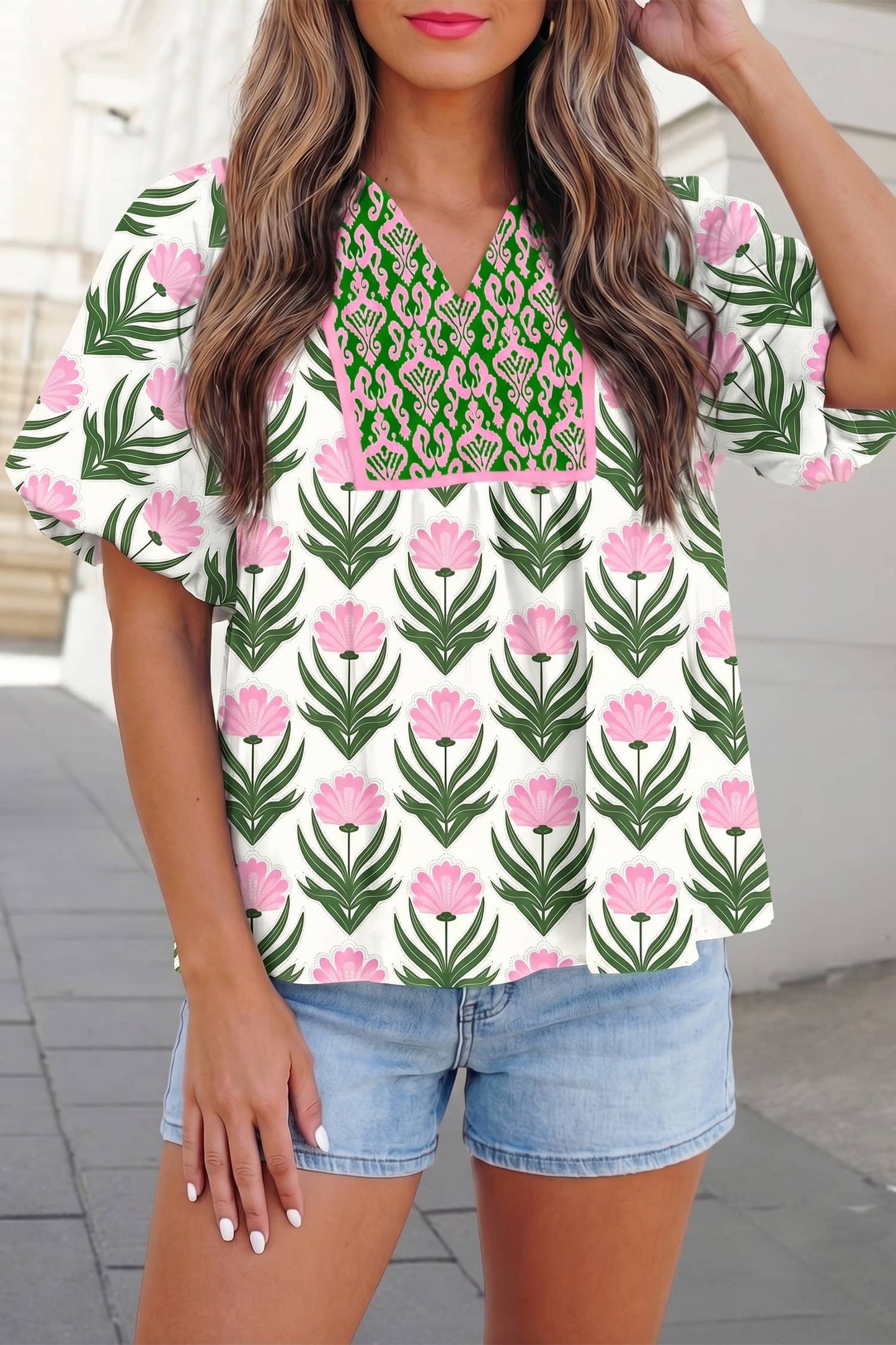 Floral Print Puff Sleeve Contrast V Neck Blouse | S-XL: Multicolour / M