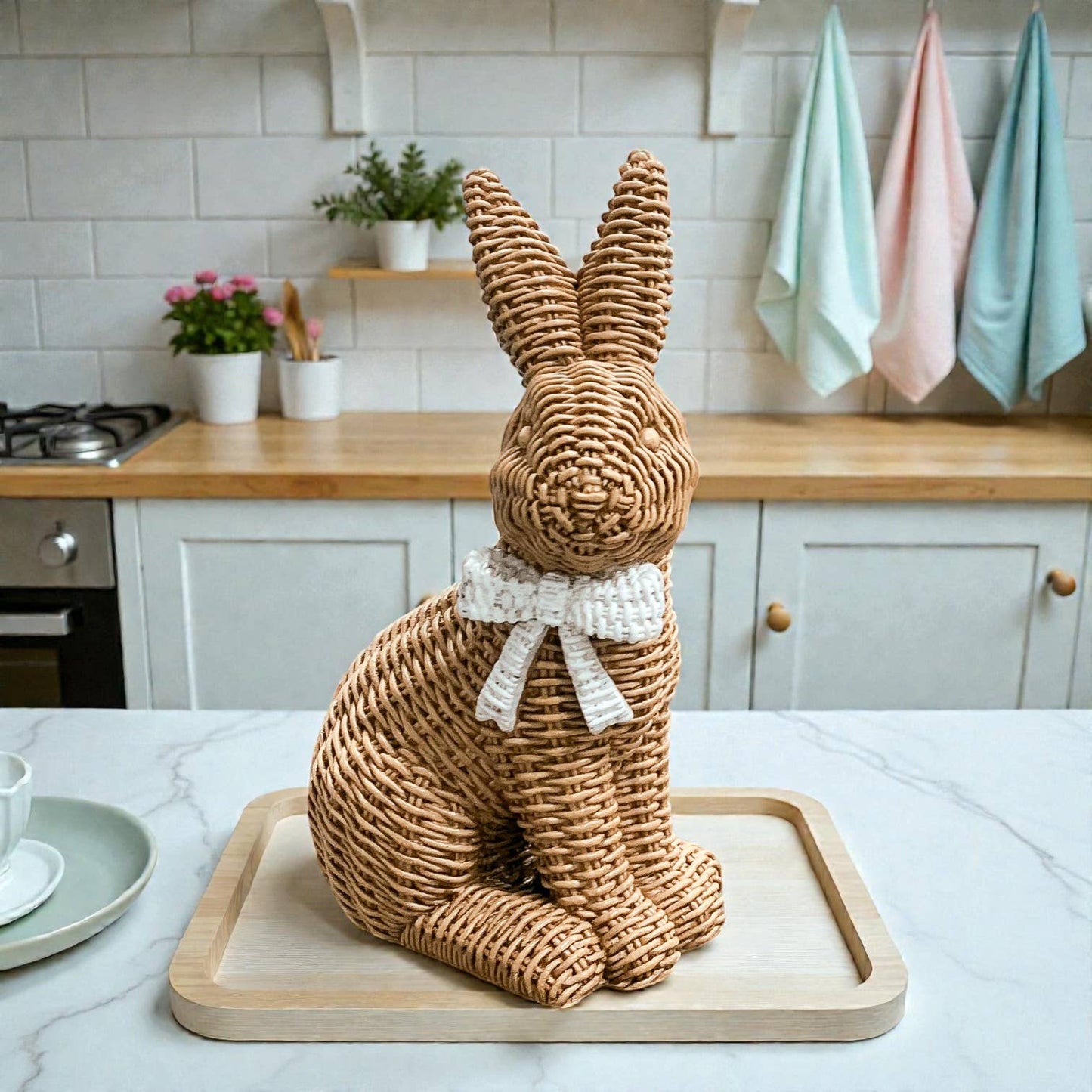 Rabbit Statue Wicker Weave Bunnies, Easter Bunny Home Decor: Brown