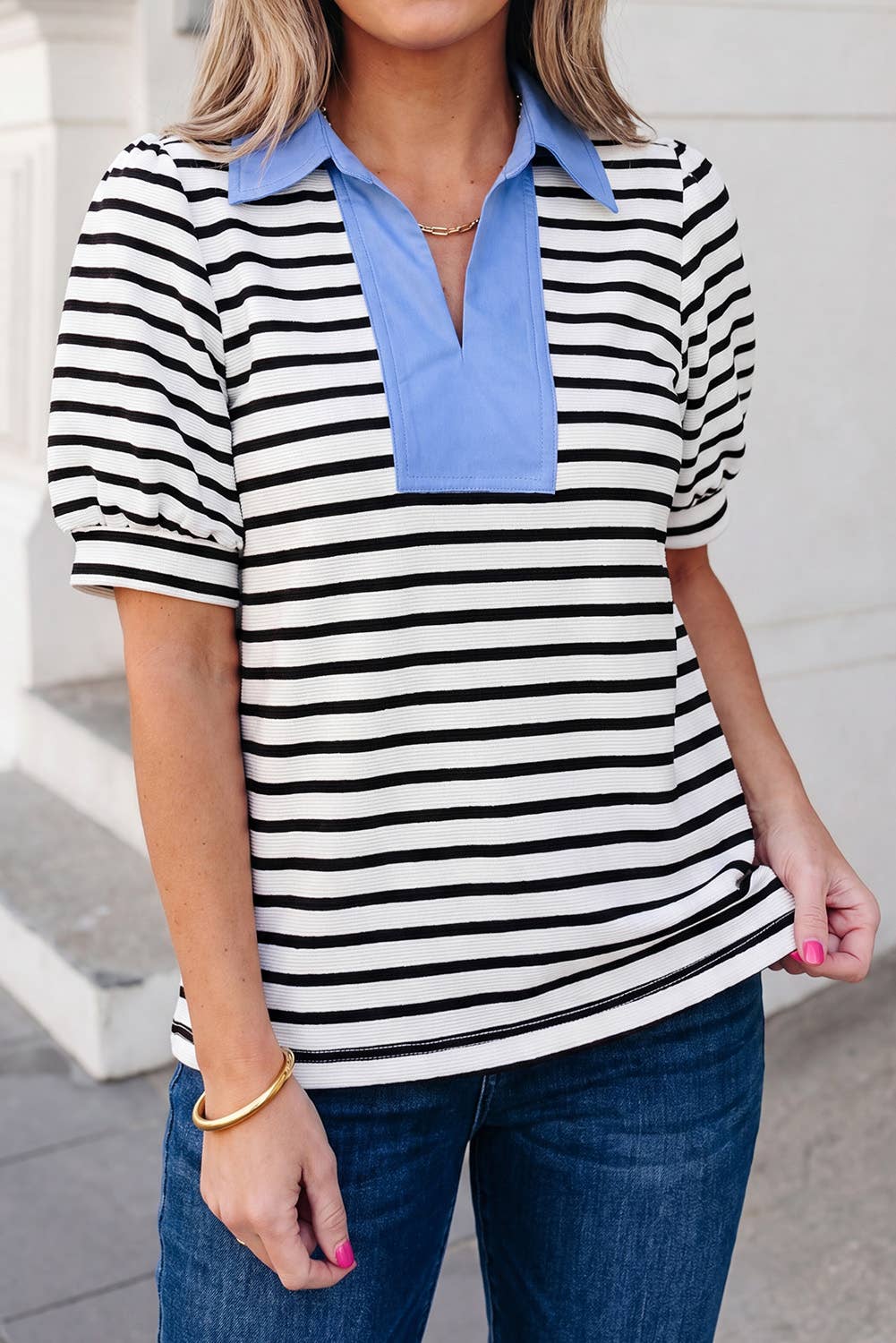 Stripe Short Puff Sleeve Collared Blouse | S-XL: Blue / M