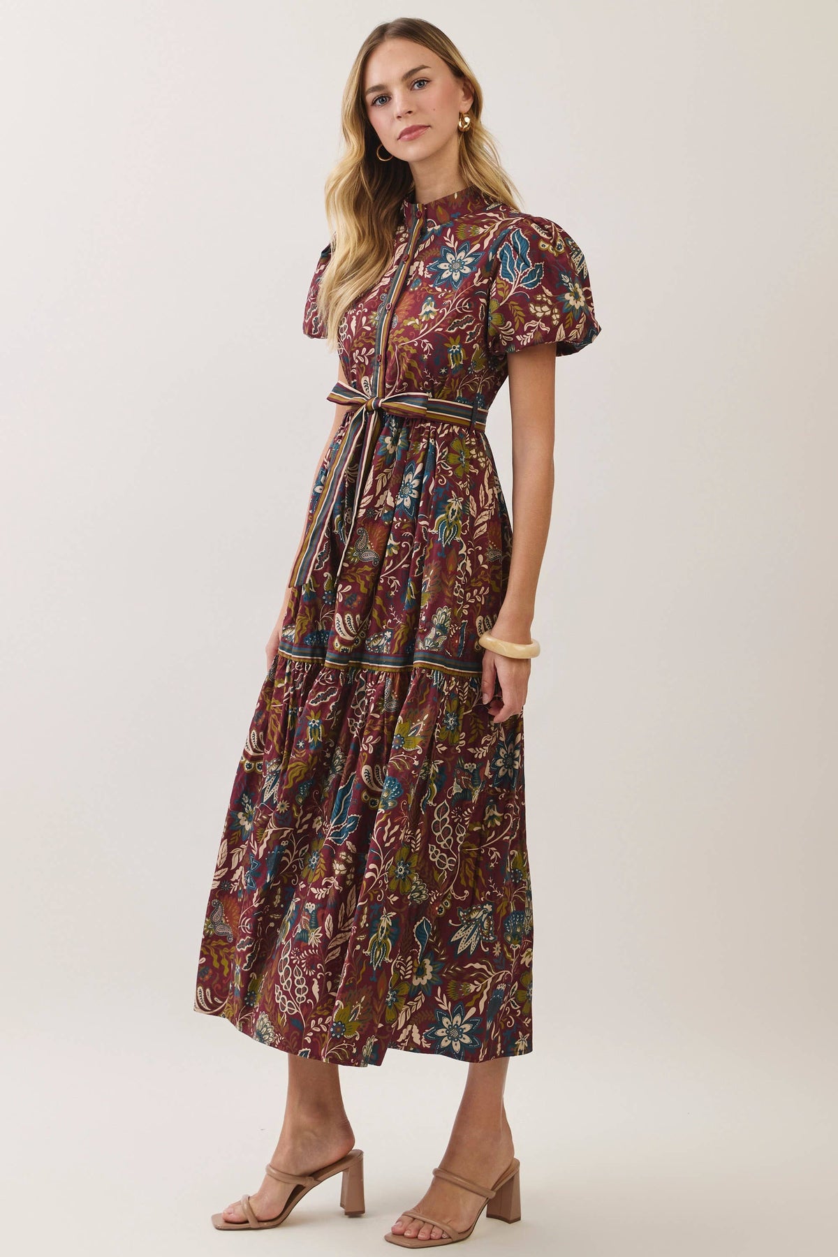 CD07579-Paisley Floral Print Belted Midi Dress: Burgundy / S