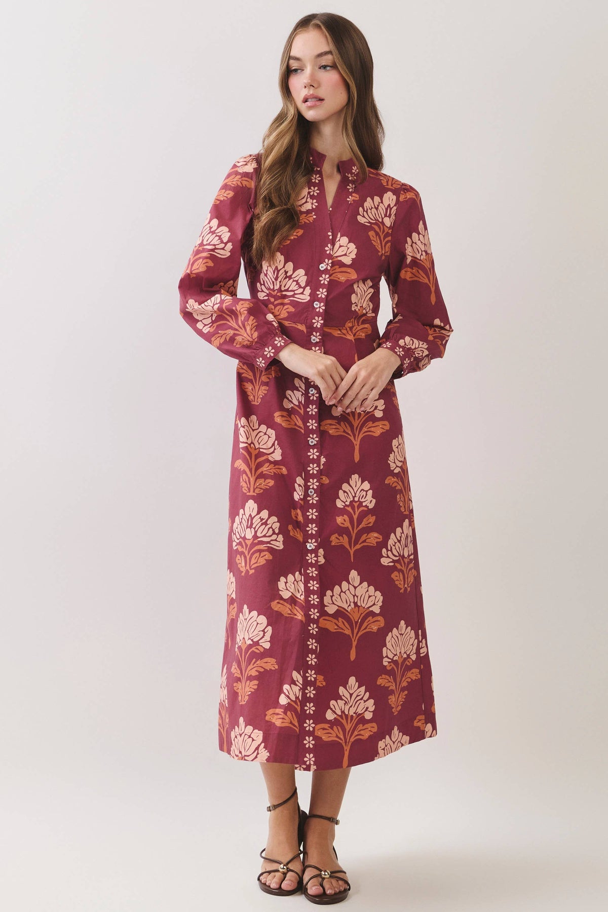 CD07442-Floral Print Shirt Midi Dress: Burgundy / S