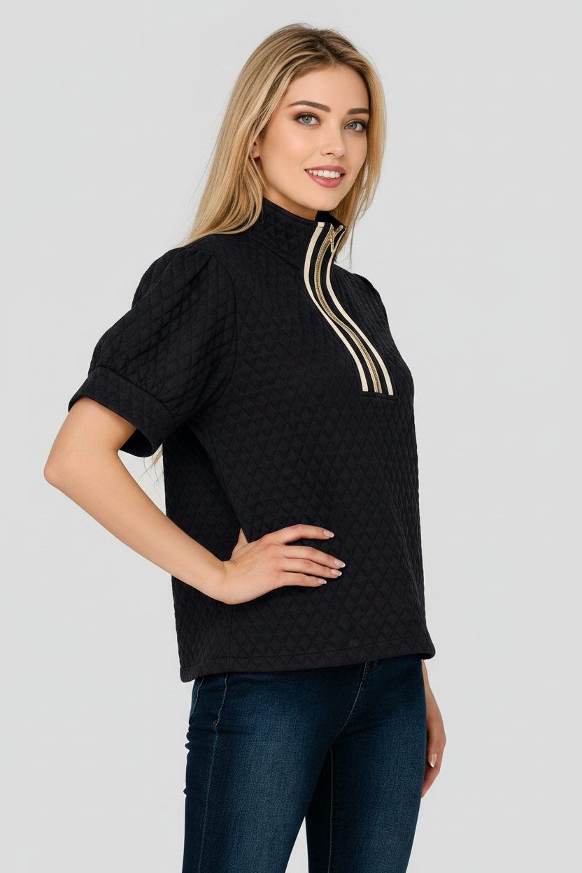 MBT 9929 Mandy Black Short Sleeve QUILTED Zip Top Stipe Trim