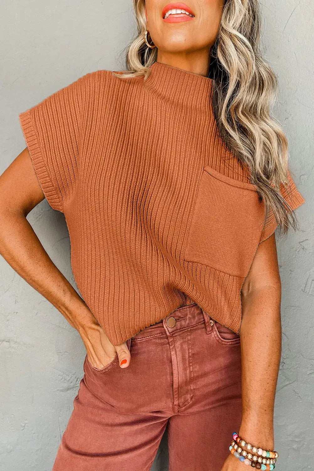 Oatmeal Patch Pocket Ribbed Knit Short Sleeve Sweater: Oatmeal / 50%Viscose+28%Polyester+22%Polyamide / M