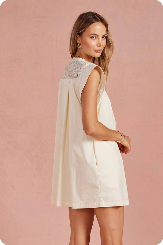 Contrast Floral Crochet Yoke Pleat Mini Dress: Cream / M