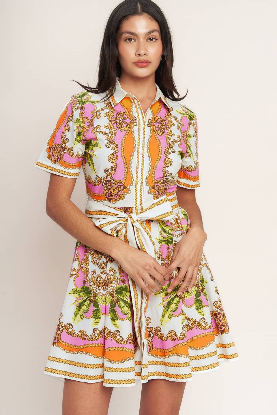 A printed woven mini shirt dress - ID23207: OFF WHITE PINK ORANGE / Contemporary / M