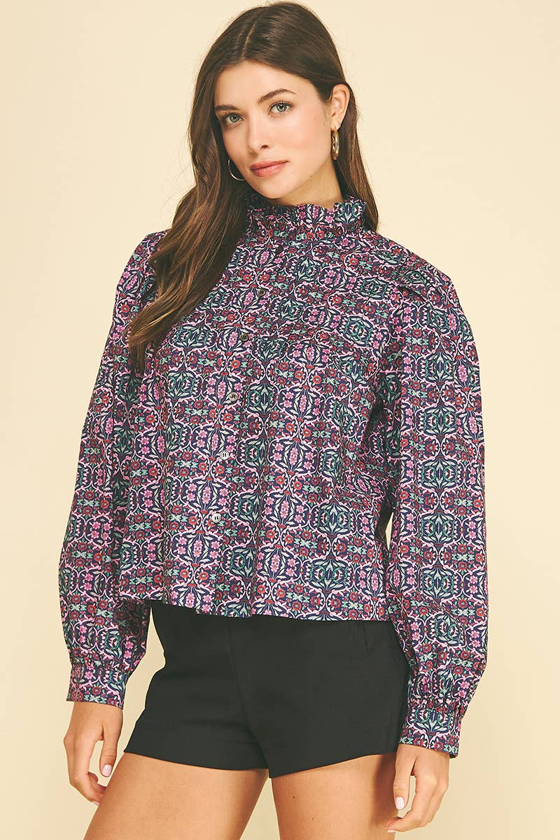 GEOMETRIC FLORAL RUFFLED MOCK NECK BLOUSE - 7594T: NAVY PINK / L