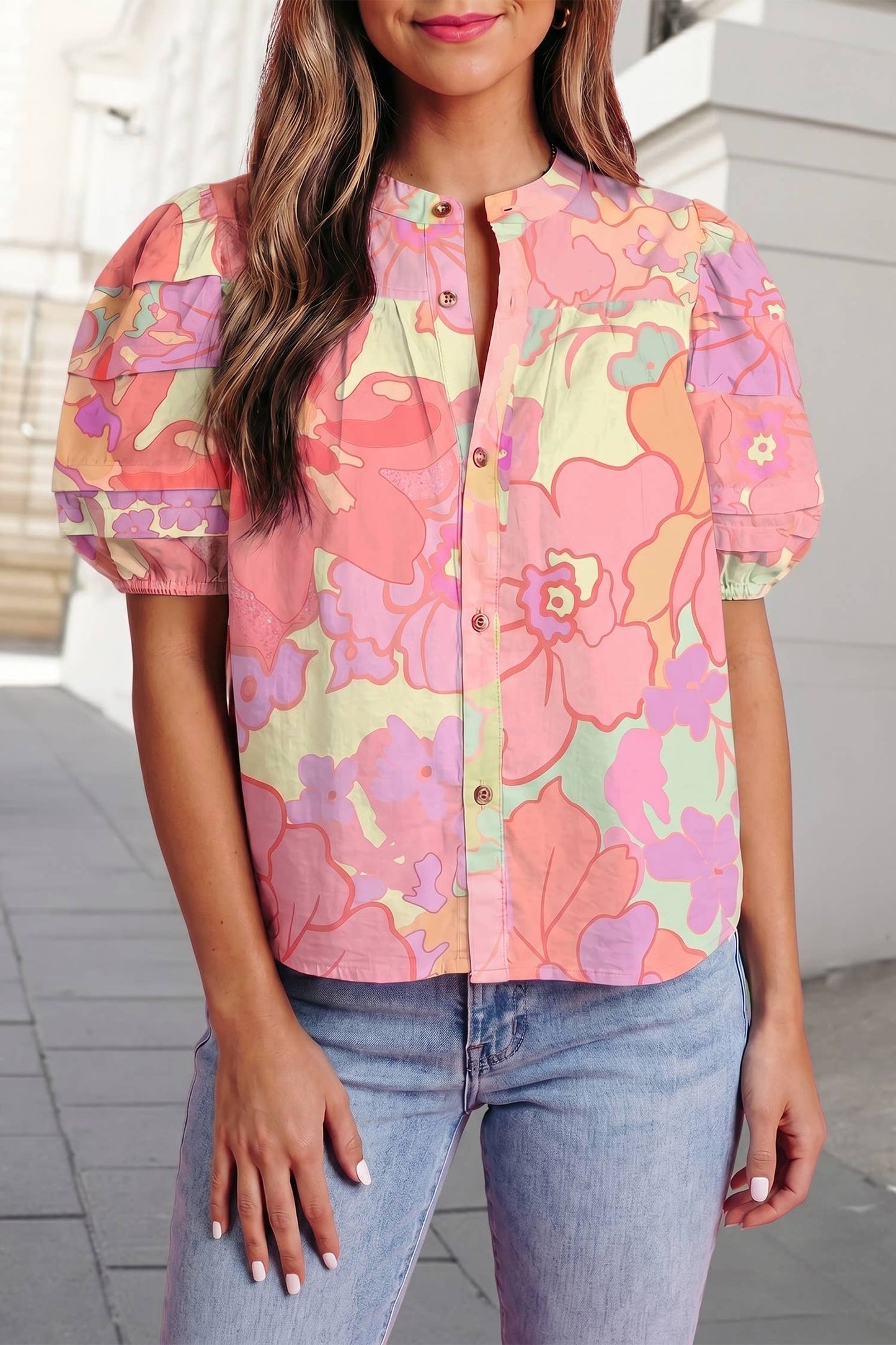 Floral Print Button Down Short Sleeve Shirt | S-XL: Pink / M